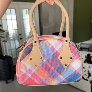 Current Mood Pastel Plaid Mini Dome Satchel - Pink, Blue, Purple, Tan